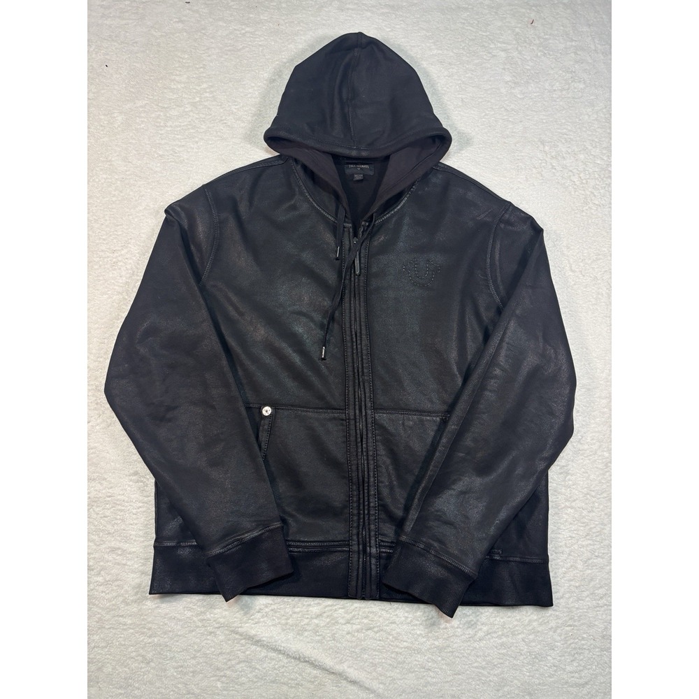 True Religion Men's Size Jet Black Coated Moto Hoodie Jacket Size 3XL